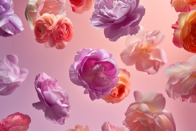 A bunch of flowers floating in the air showcasing various colors and shapes