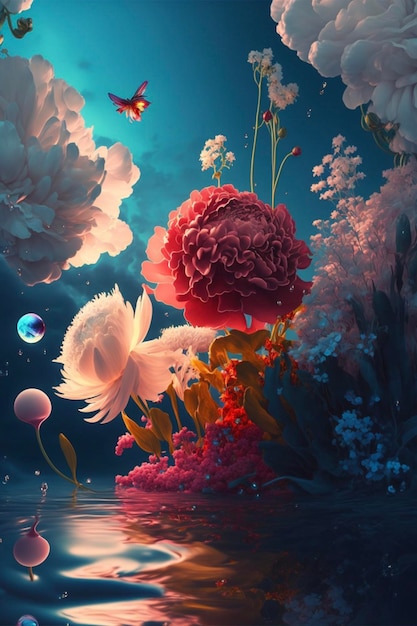 Bunch of flowers floating on top of a body of water generative ai