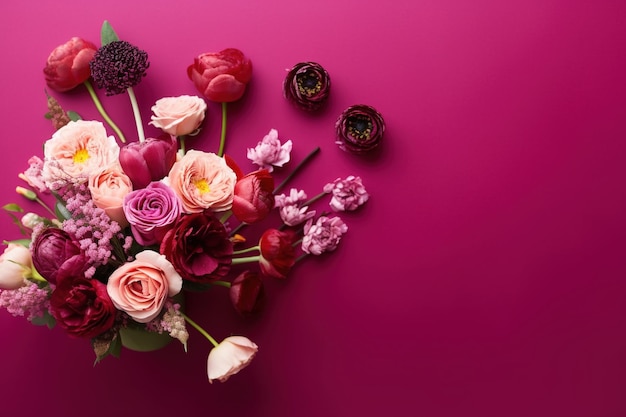 Bunch of flowers Flower arrangement on a magenta background Floral background