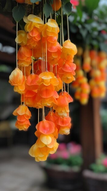 A bunch of flowers hanging from a ceiling