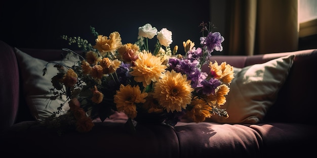 a bunch of flowers placed on a sofa as a decorative accent