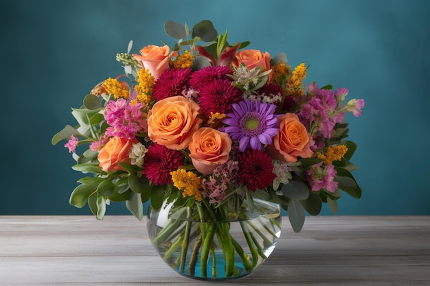 A bunch of flowers placed in a vase and placed on a table
