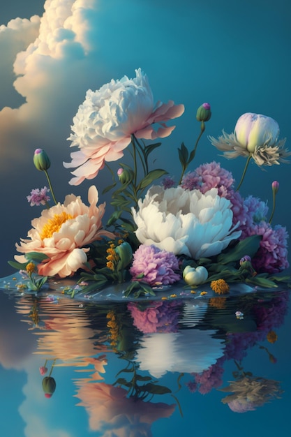 Bunch of flowers sitting on top of a body of water generative ai