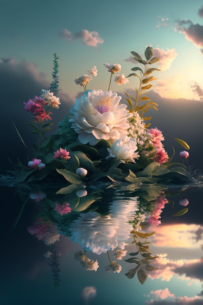 Bunch of flowers sitting on top of a body of water generative ai