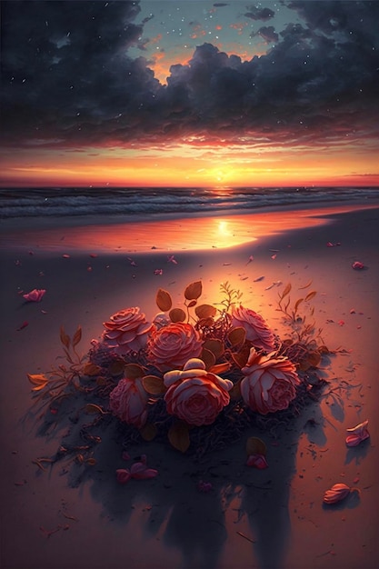 Bunch of flowers sitting on top of a sandy beach generative ai