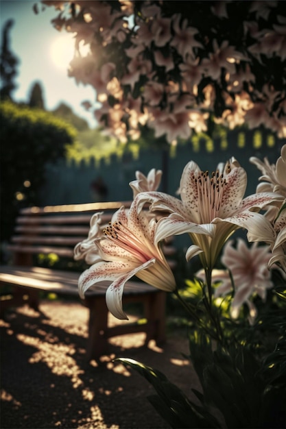 Bunch of flowers sitting next to a wooden bench generative ai