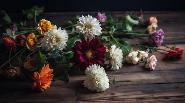 黒い背景のテーブルの上の花束