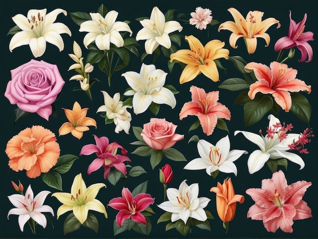 a bunch of flowers that are on a black background with a black background