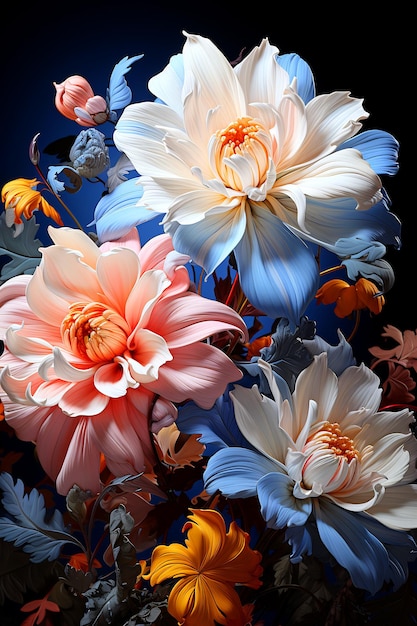 黒と青の背景にある花の束 生成 AI