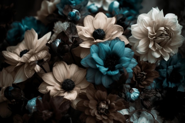 A bunch of flowers that are blue and brown