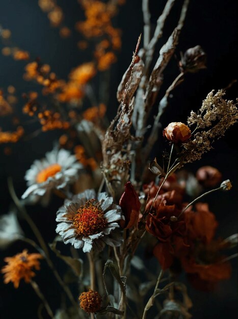 a bunch of flowers that are in a dark room