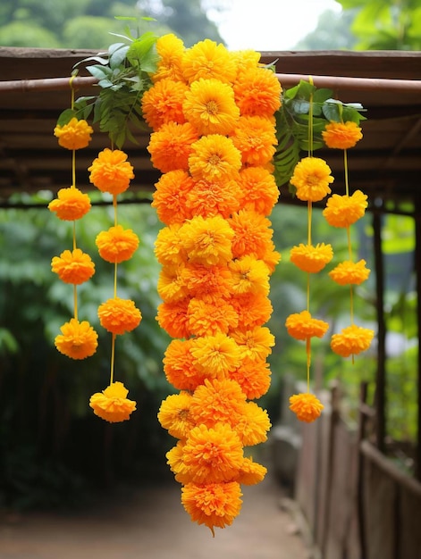 a bunch of flowers that are hanging from a string