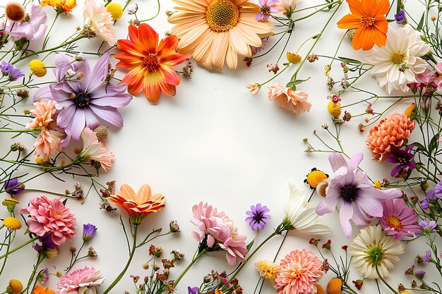 A bunch of flowers that are laying on a table together with a white background and a white circle