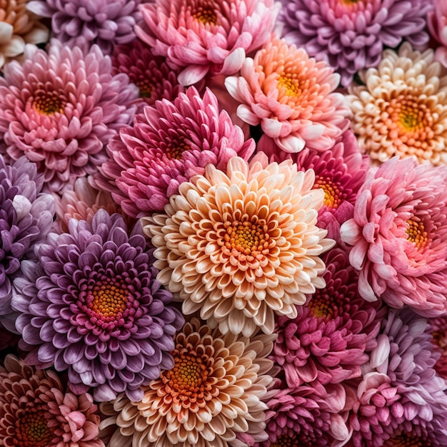 A bunch of flowers that are purple, pink and yellow.