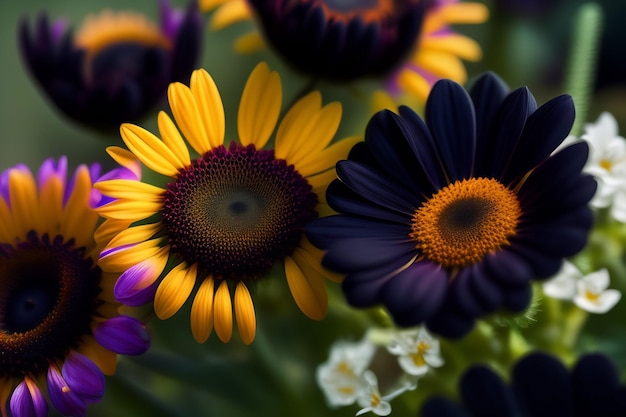 A bunch of flowers that are purple, yellow, and orange