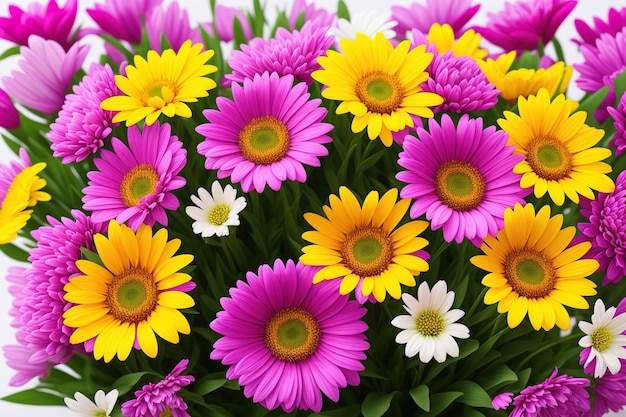 A bunch of flowers that are purple and yellow