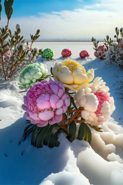 Bunch of flowers that are in the snow generative ai