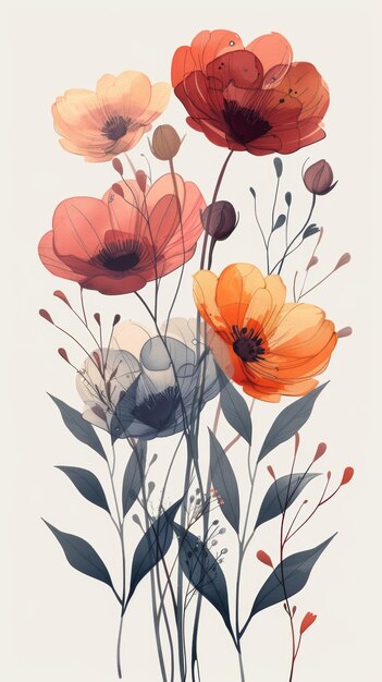 A bunch of flowers that are on a table black red and orange floral flat illustration black red and