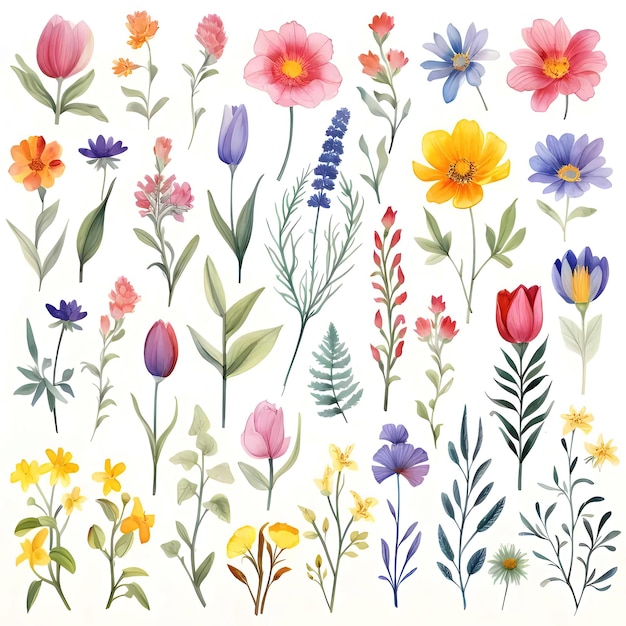 A bunch of flowers that are on a white background