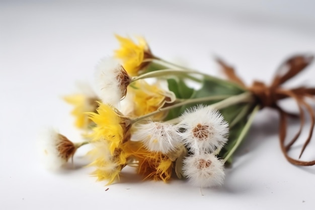 A bunch of flowers that are on a white table