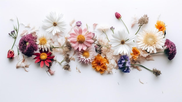 A bunch of flowers on a white background