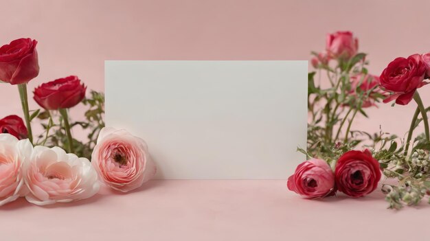 Photo bunch of flowers next to white card