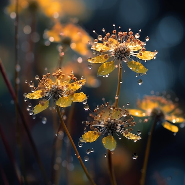 A bunch of flowers with dew on them