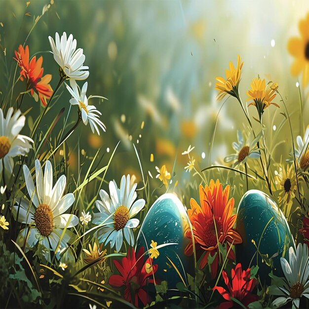 Photo a bunch of flowers with eggs in the grass