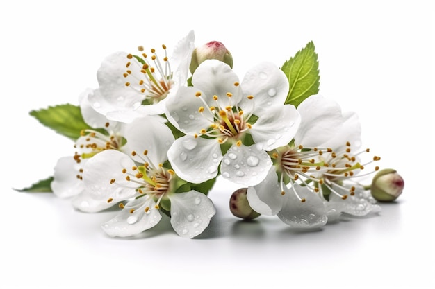 A bunch of flowers with green leaves on a white background