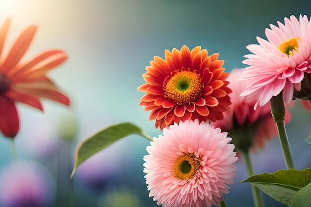 A bunch of flowers with a pink flower in the background