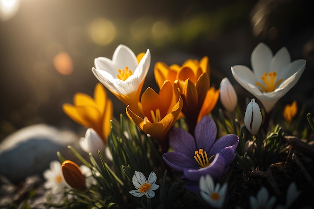 A bunch of flowers with the sun shining on them