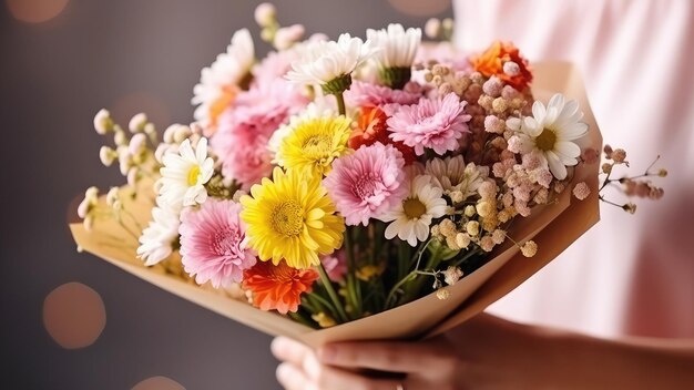 Bunch of flowers in womans hands close up copy space