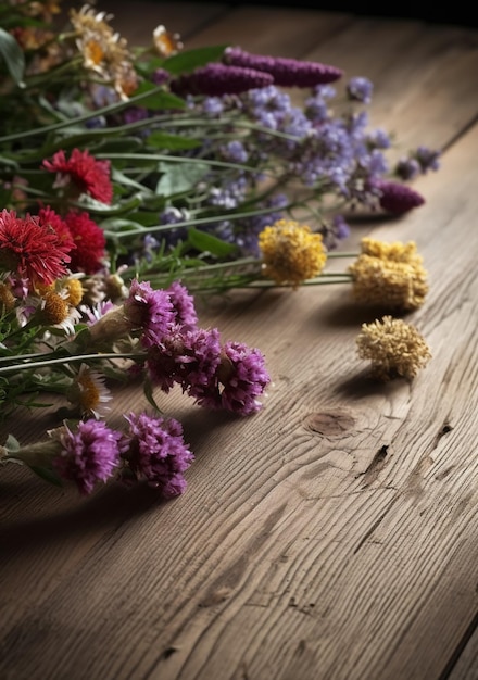 A bunch of flowers on a wooden table