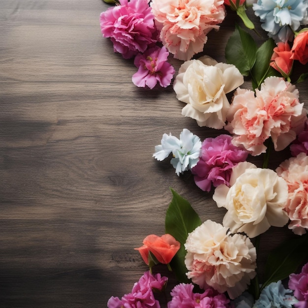 A bunch of flowers on a wooden table