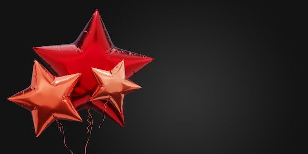 Bunch of foil balloons on black background. Star shaped red balloons 3D rendering.