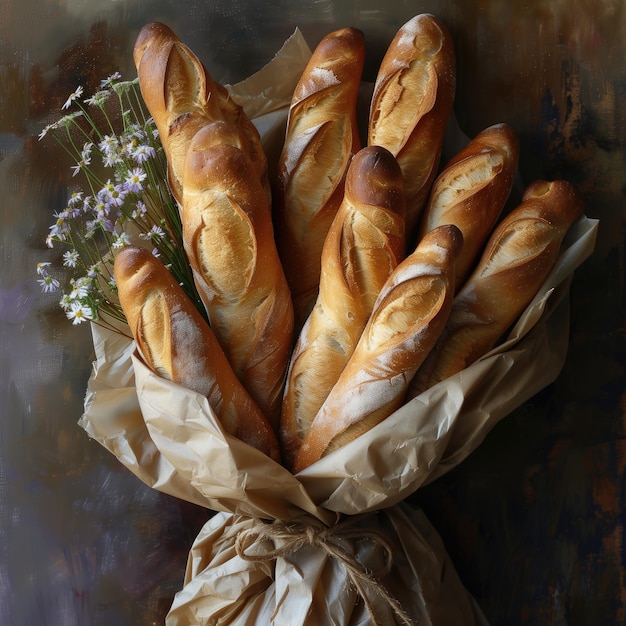 Bunch of fresh baguettes on a rustic background