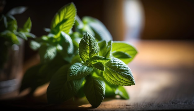 A bunch of fresh basil on a wooden table