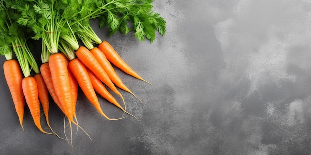 Bunch of fresh carrots on gray stone background top view Free space for your text Generative AI