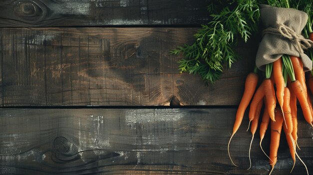 Bunch of fresh carrots on rustic wooden table Top view with copy space for text