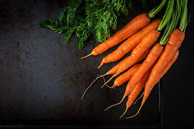 Bunch of fresh carrots with green leaves on  dark  background. Flat lay. Top view