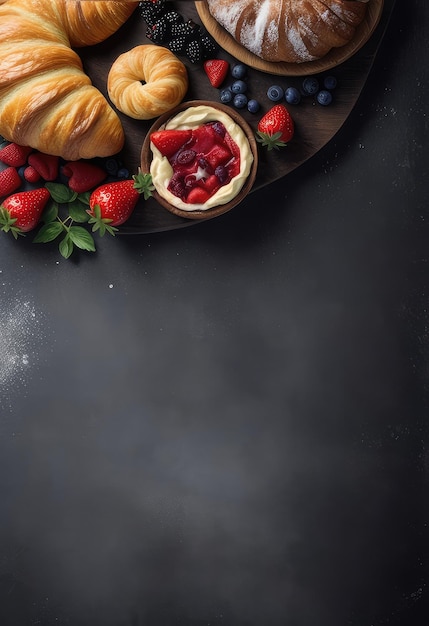 Куча свежих и золотисто-коричневых круассанов, клубники, ягоды на черном столе.