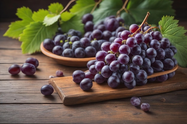 Bunch of fresh grapes on wooden table Vintage style toned picture ai generative