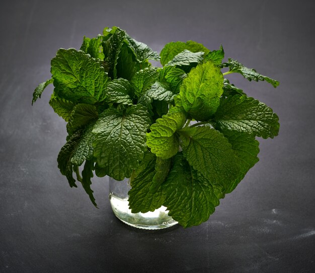 Bunch of fresh green mint stands in a glass bowl on a black tabl