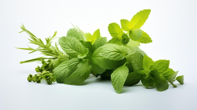 a bunch of fresh herbs on a white surface