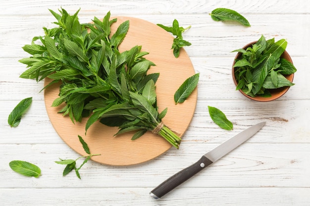 Bunch of fresh mint on the cutting boards colored background top view