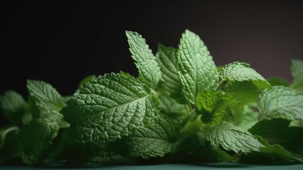 A bunch of fresh mint leaves on a table