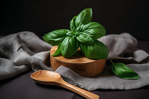 Bunch of fresh organic basil in olive cutting board on a rustic wooden background Generative AI