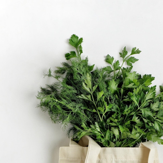 Photo a bunch of fresh organic greenery parsley and dill in a cotton reusable bag on a white background