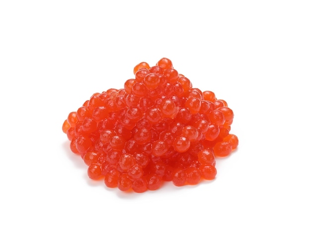 Bunch of fresh red caviar isolated on white background. Delicious and healthy snack