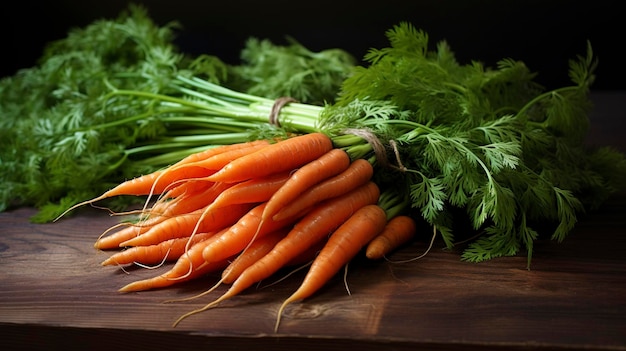 A bunch of freshly harvested carrots with their greens